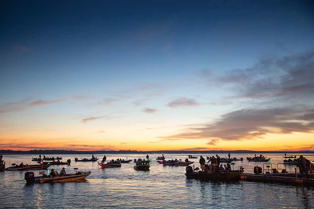 Anglers line up a boat dock at Lake Fork