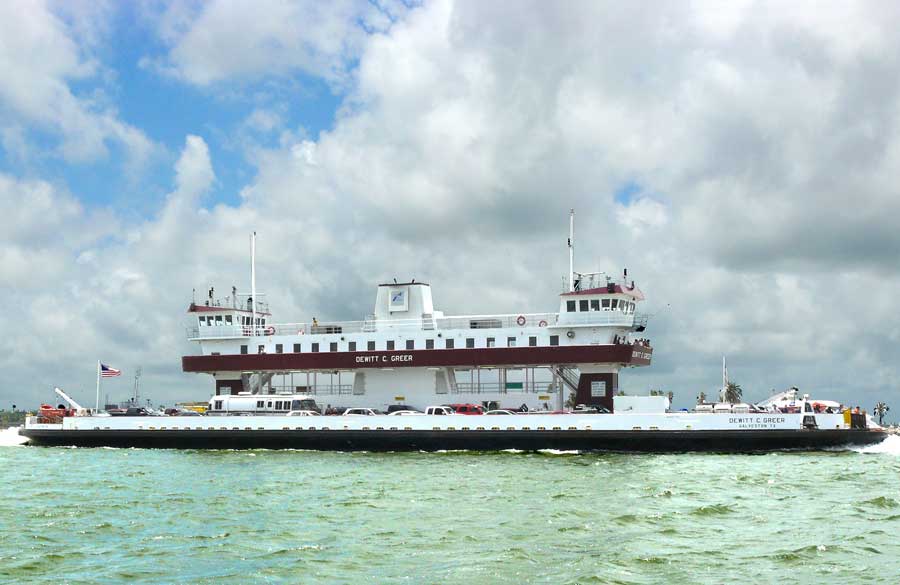 A ferry boat shuttles cars and passengers across the gulf