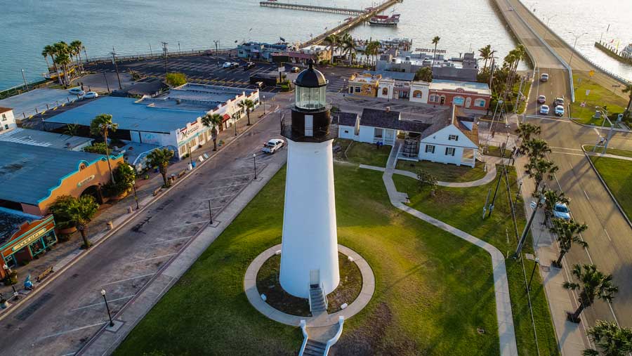 Birds-eye view of the Port Isabel lighthouse and surrounding area