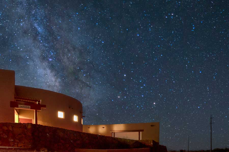 Illuminated Marfa Lights viewing platform and sky after dark
