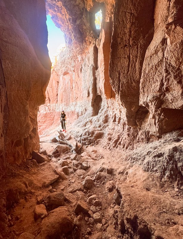 A woman looks into the mouth of a cave with a canyon horizon in the background