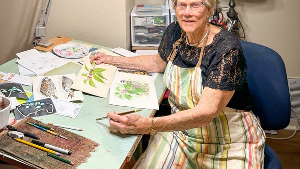 Nancy Pruitt sits at her drawing desk.