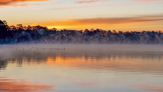 Foggy Steinhagen Reservoir at sunset.