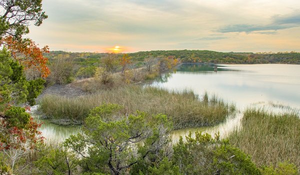 View of the earthen dam at Cleburne State Park.