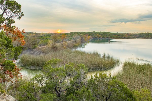 View of the earthen dam at Cleburne State Park.