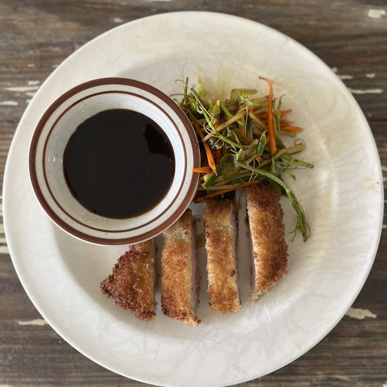 A plate with breaded turkey breast, green briar salad and a bowl of dark sauce