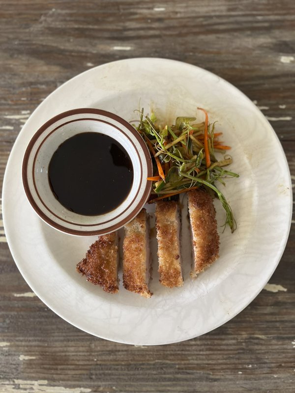 A plate with breaded turkey breast, green briar salad and a bowl of dark sauce