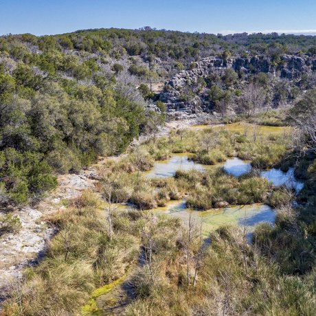 An aerial image of a wooded river bed