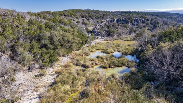 An aerial image of a wooded river bed