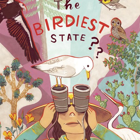 An illustration of a girl looking through binoculars surrounded by different types of birds with the text "the birdiest state??" above her head