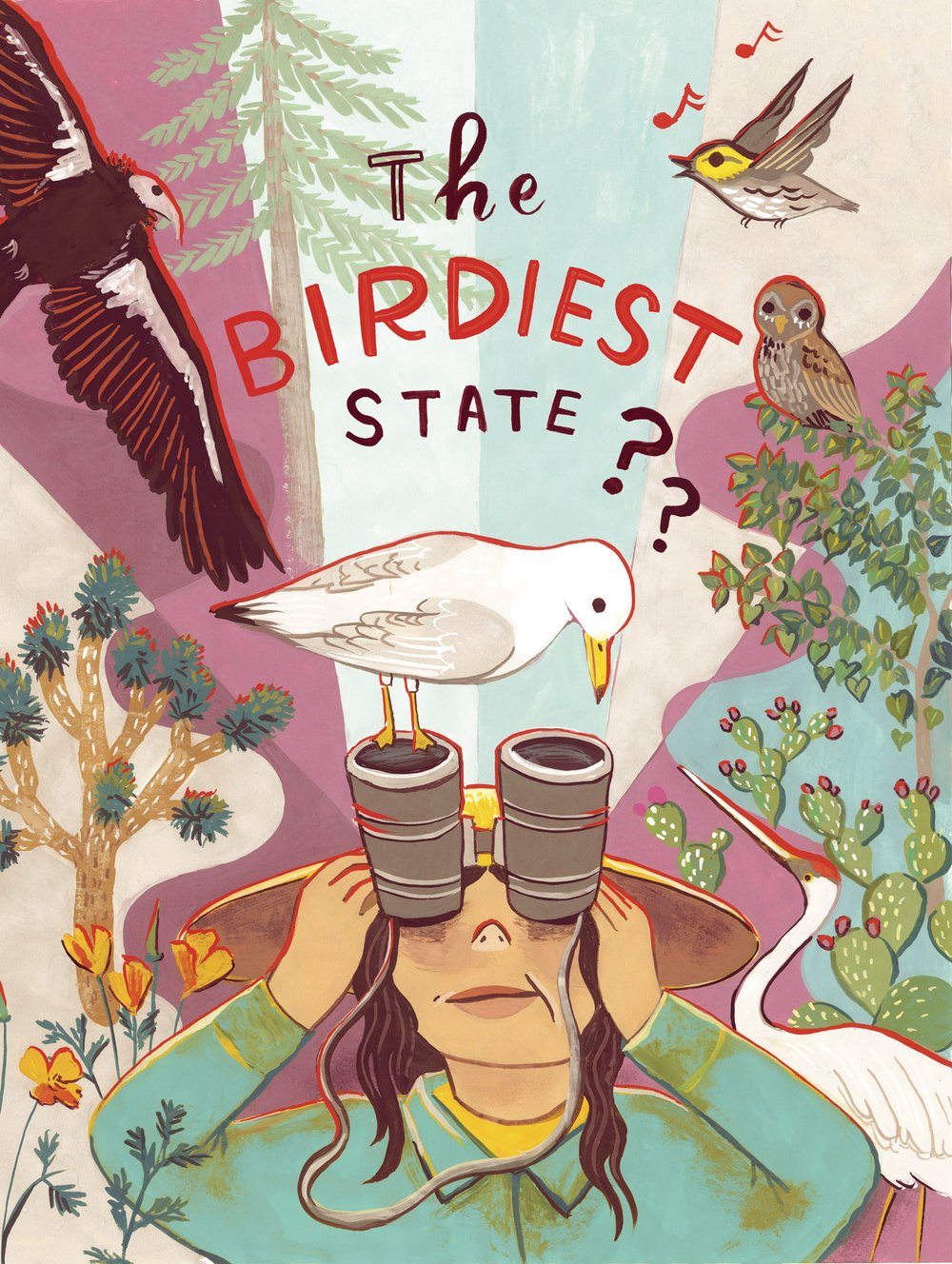 An illustration of a girl looking through binoculars surrounded by different types of birds with the text "the birdiest state??" above her head