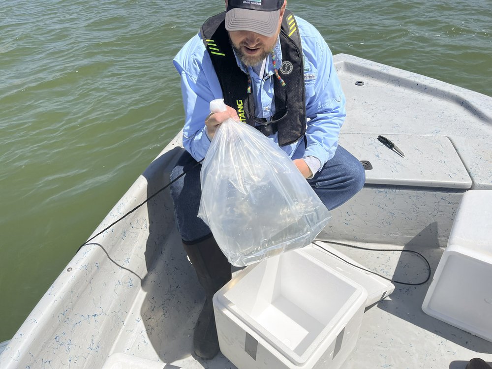 A man holding a plastic bag of water on a boat on the lake