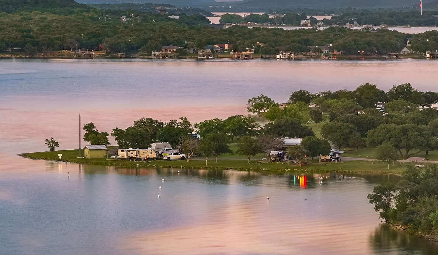 A overlook of the lake at sunset
