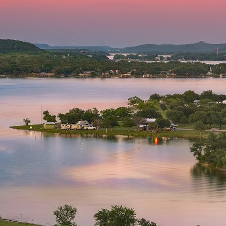 A overlook of the lake at sunset
