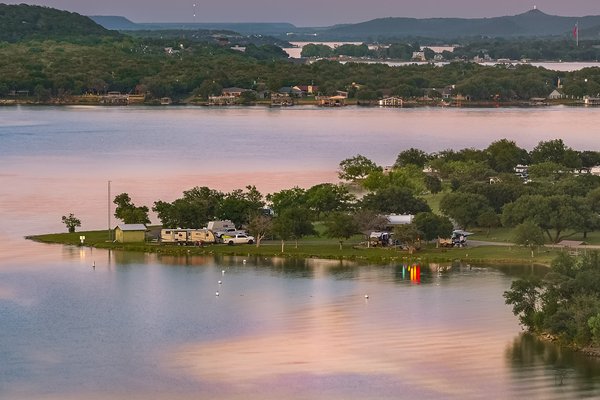 A overlook of the lake at sunset