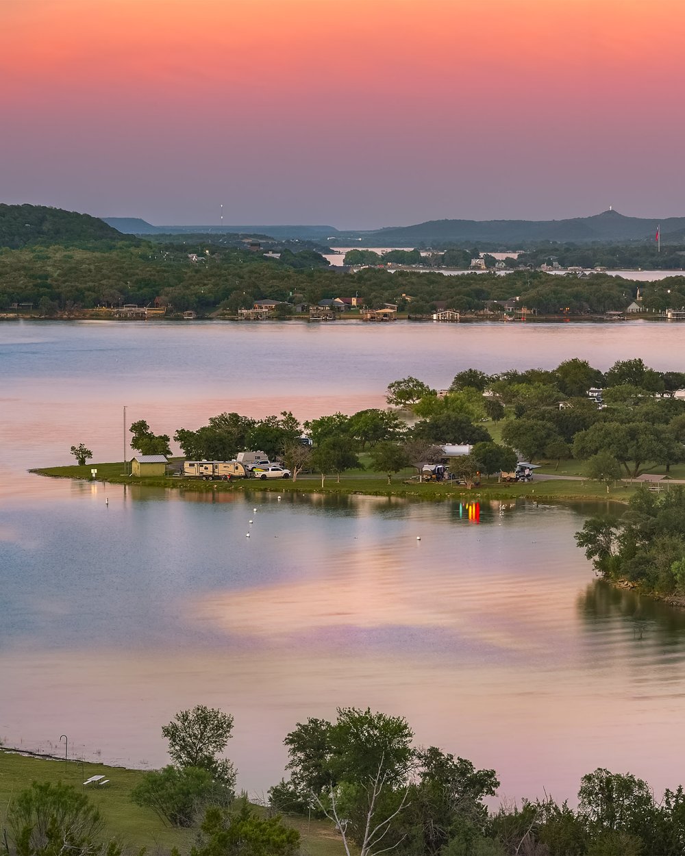 A overlook of the lake at sunset