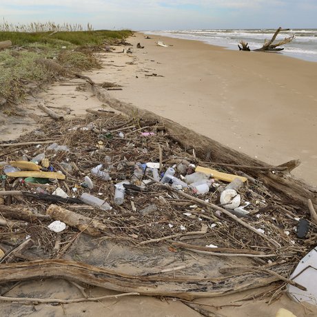 A pile of trash and debris is pushed onto the shore of the beach