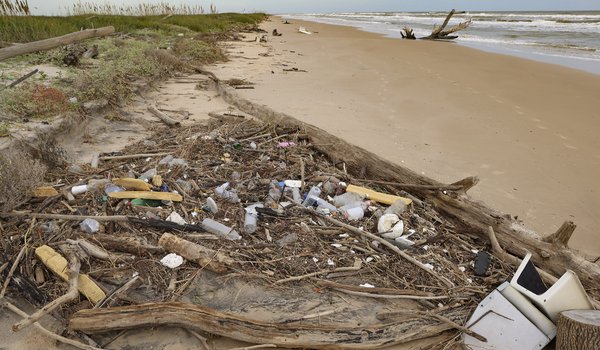 A pile of trash and debris is pushed onto the shore of the beach