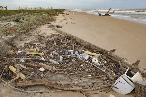 A pile of trash and debris is pushed onto the shore of the beach