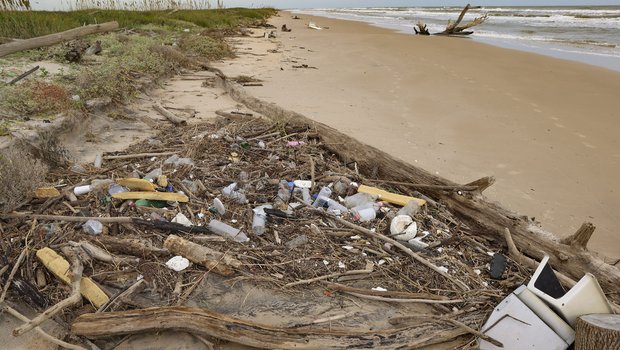 A pile of trash and debris is pushed onto the shore of the beach