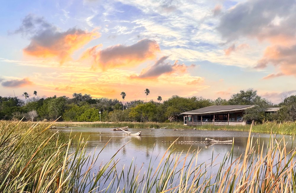 View of Estero Llano Grande with a building in the background.