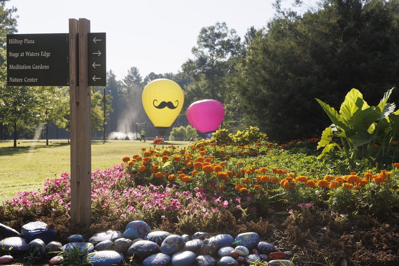 Miniature hot air balloons on display at Longview Nature Center with it's green grass and many boticanicals