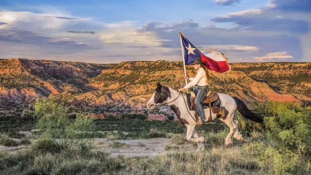Person on horseback with a Texas flag.