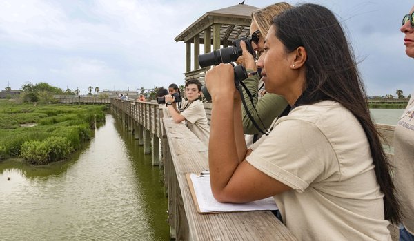 Children on a wooden bridge trail with the person in the foreground using binoculars.