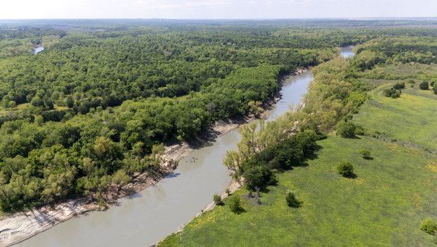 A river surrounded by trees and a field.