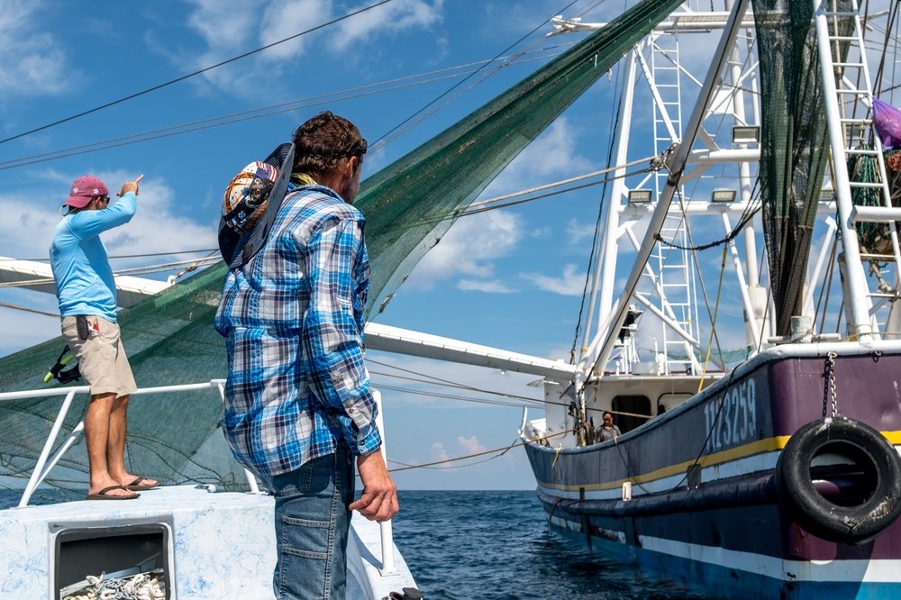 Spearfisherman barter for fresh shrimp from shrimp boat catch.
