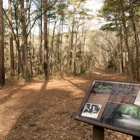 A sign with historic information about park use before desegregation at Tyler State Park.