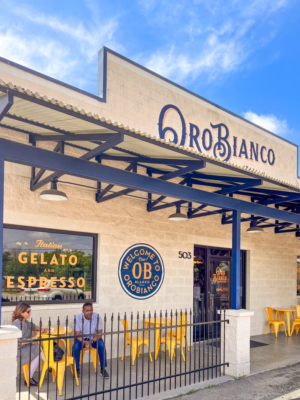 Customers eating gelato at Oro Bianco.