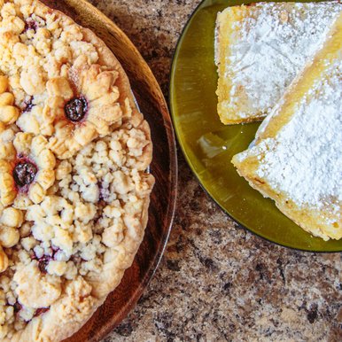Baked goods on granite table.
