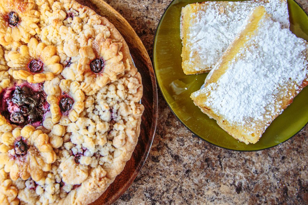 Baked goods on granite table.