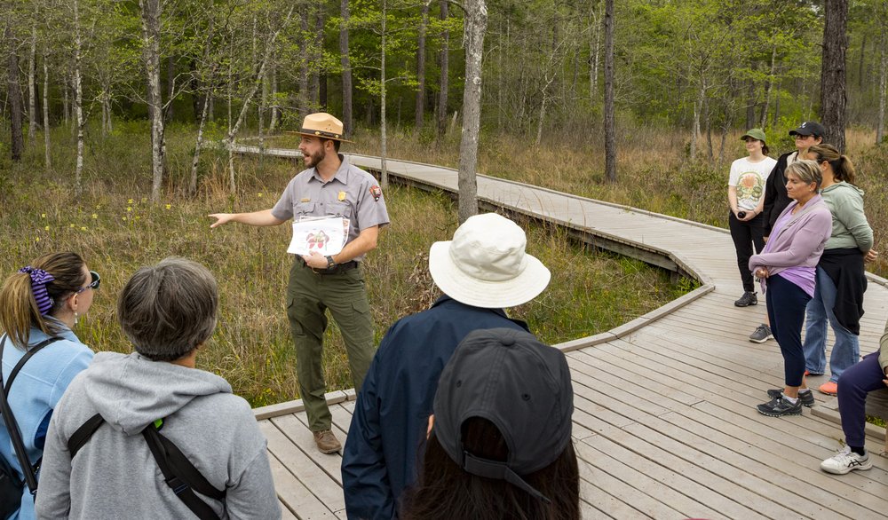 Interpretive ranger Nathan Pattee stands on a boardwalk and explains the life cycle of pitcher plants to an attentive audience