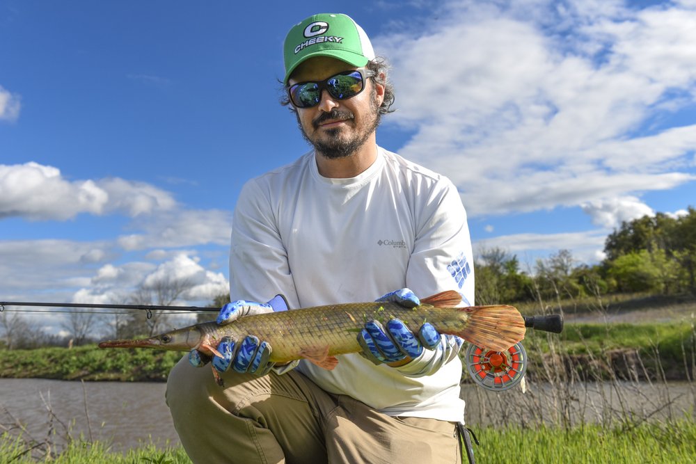 Angler Cory Byrnes holds a gar he caught fly fishing at Lake Somerville