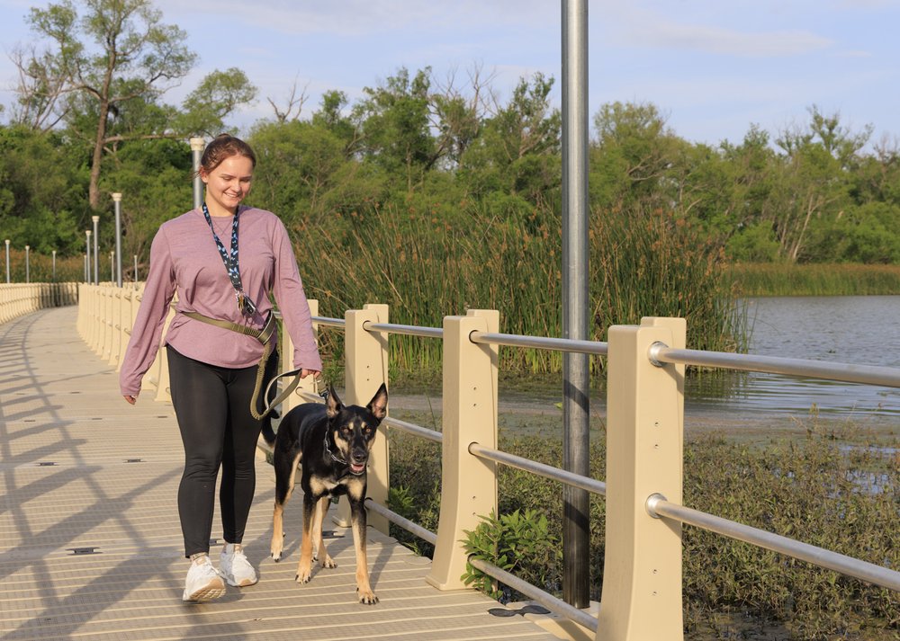 A woman and her dog walk along the boardwalk in Weatherford