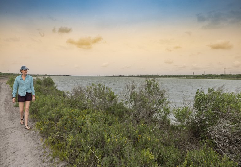 A person walking a trail near the water.