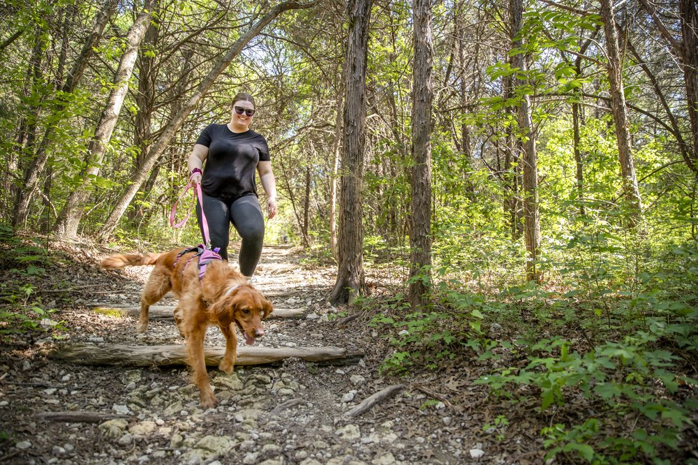 A person hiking with their dog.