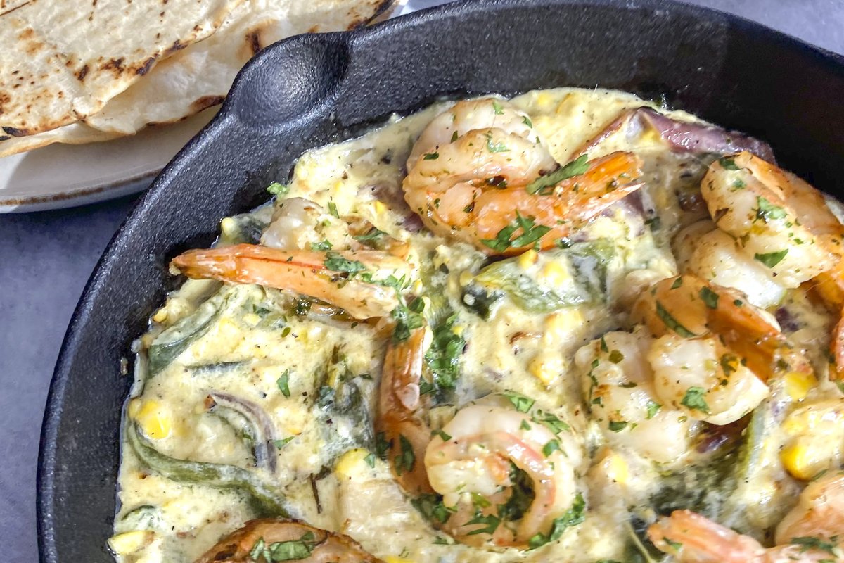 A picture of Rajas Poblanas Shrimp Tacos.