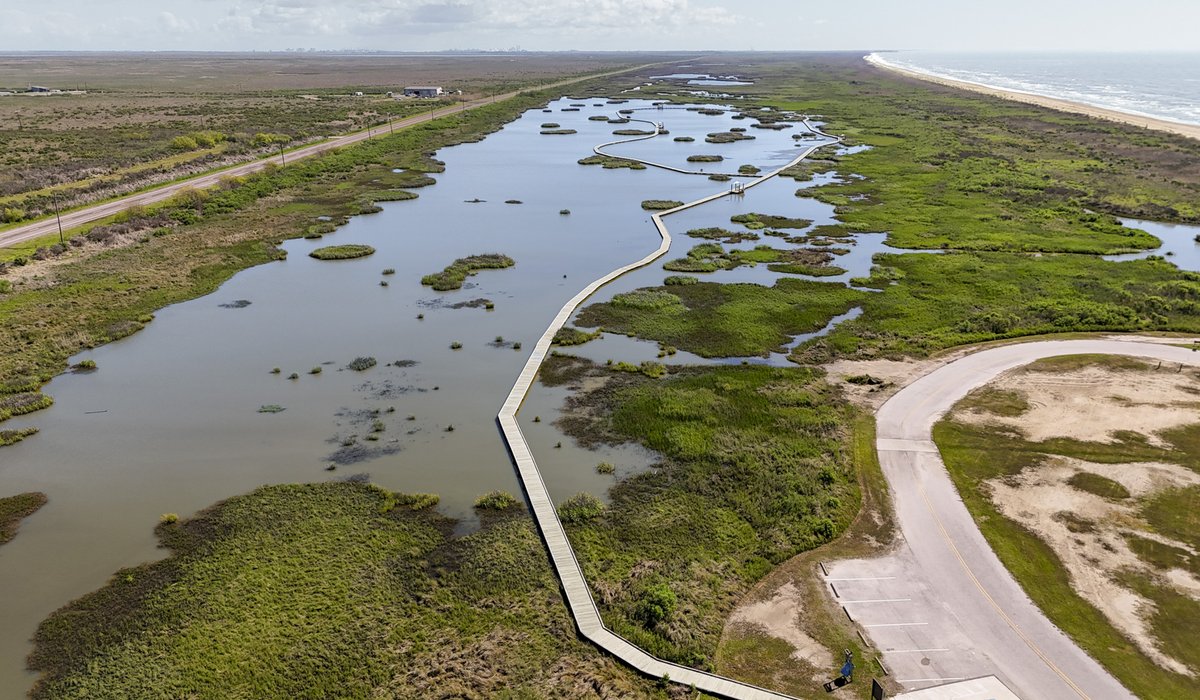 An overhead view of a borad walk running through a marsh.