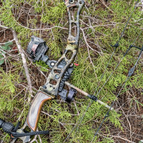 A compound bow rests on the ground