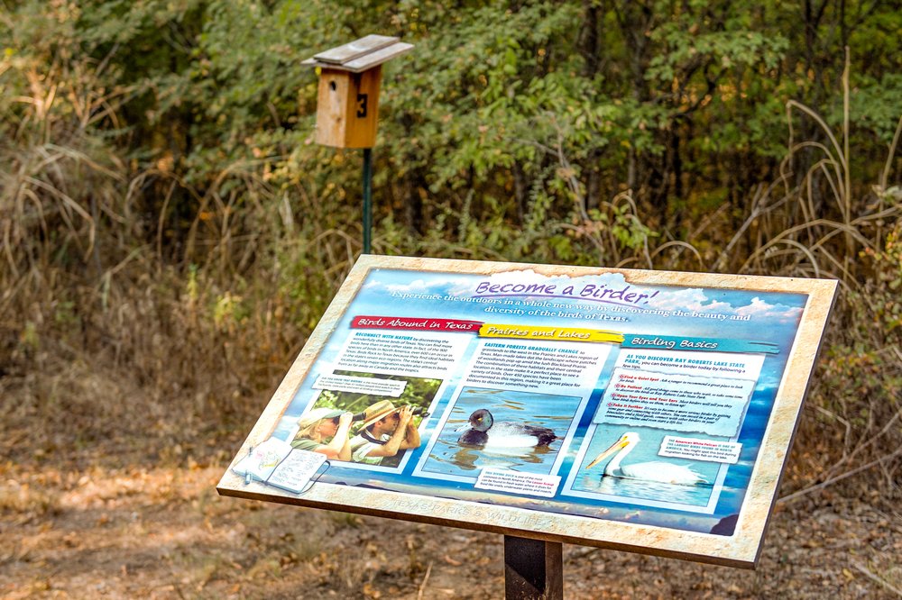 A birding interpretive sign along Ray Roberts Lake State Park's Bluebird Trail