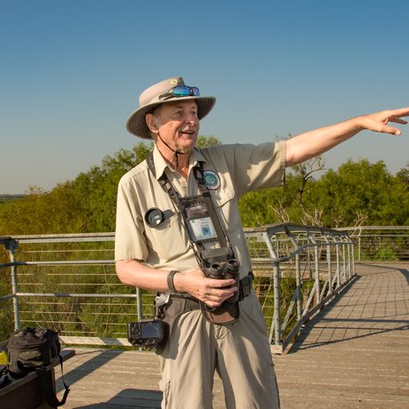 Bentsen-Rio Grande Valley park volunteer John Kaye searches the sky for hawks