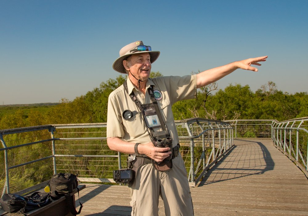 Bentsen-Rio Grande Valley park volunteer John Kaye searches the sky for hawks