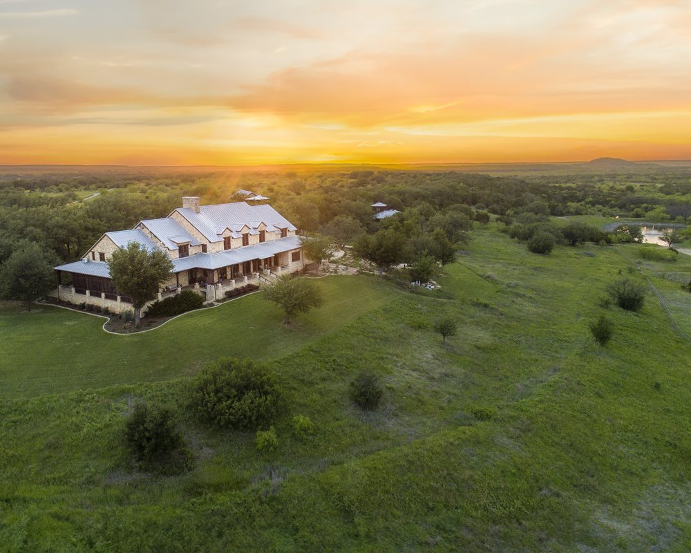 Aerial view of the MT7 ranch house at sunrise