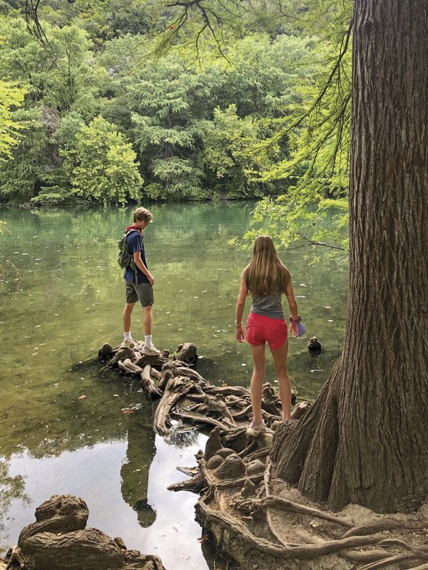 Two kids walk along the gnarled roots of a tree out over the water of a river