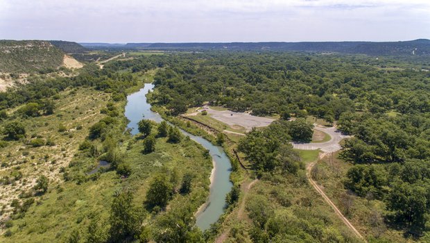 Aerial view of South Llano river state park and the Llano river