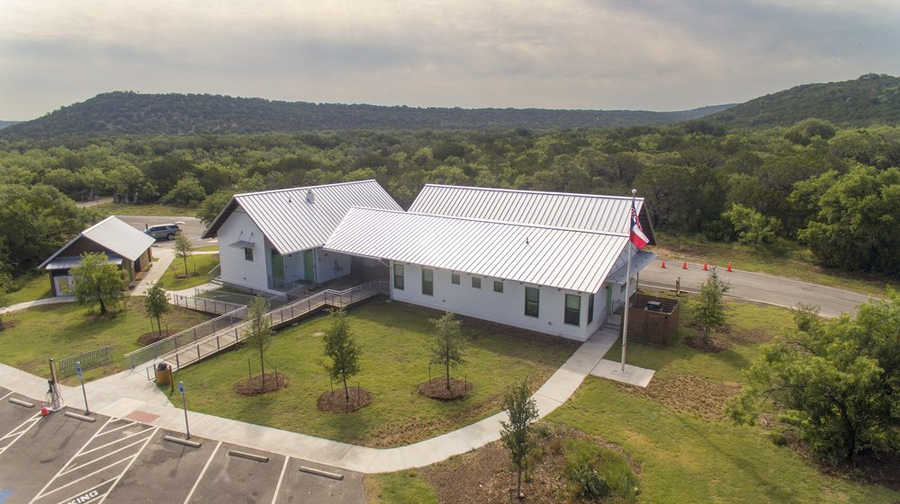Aerial view of the South Llano River state park headquarters building