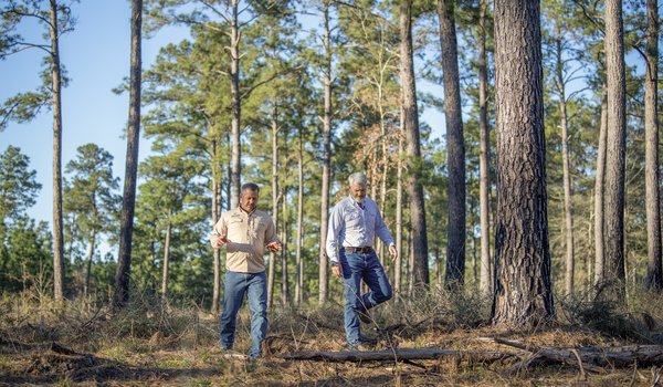Two men walk through the forest at Boggy Slough Conservation Area